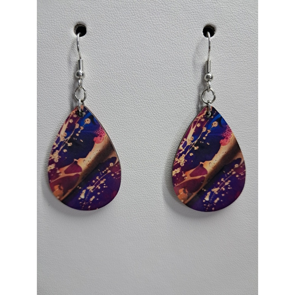 Handmade Abstract Galaxy Teardrop Dangle Earrings‎ Purple Pink Gold Celestial